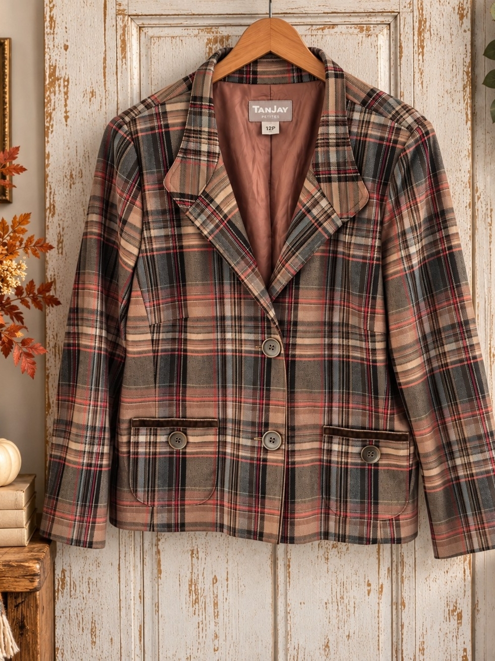 Vintage TanJay Petites 12P Plaid Blazer Velvet Trim Academia